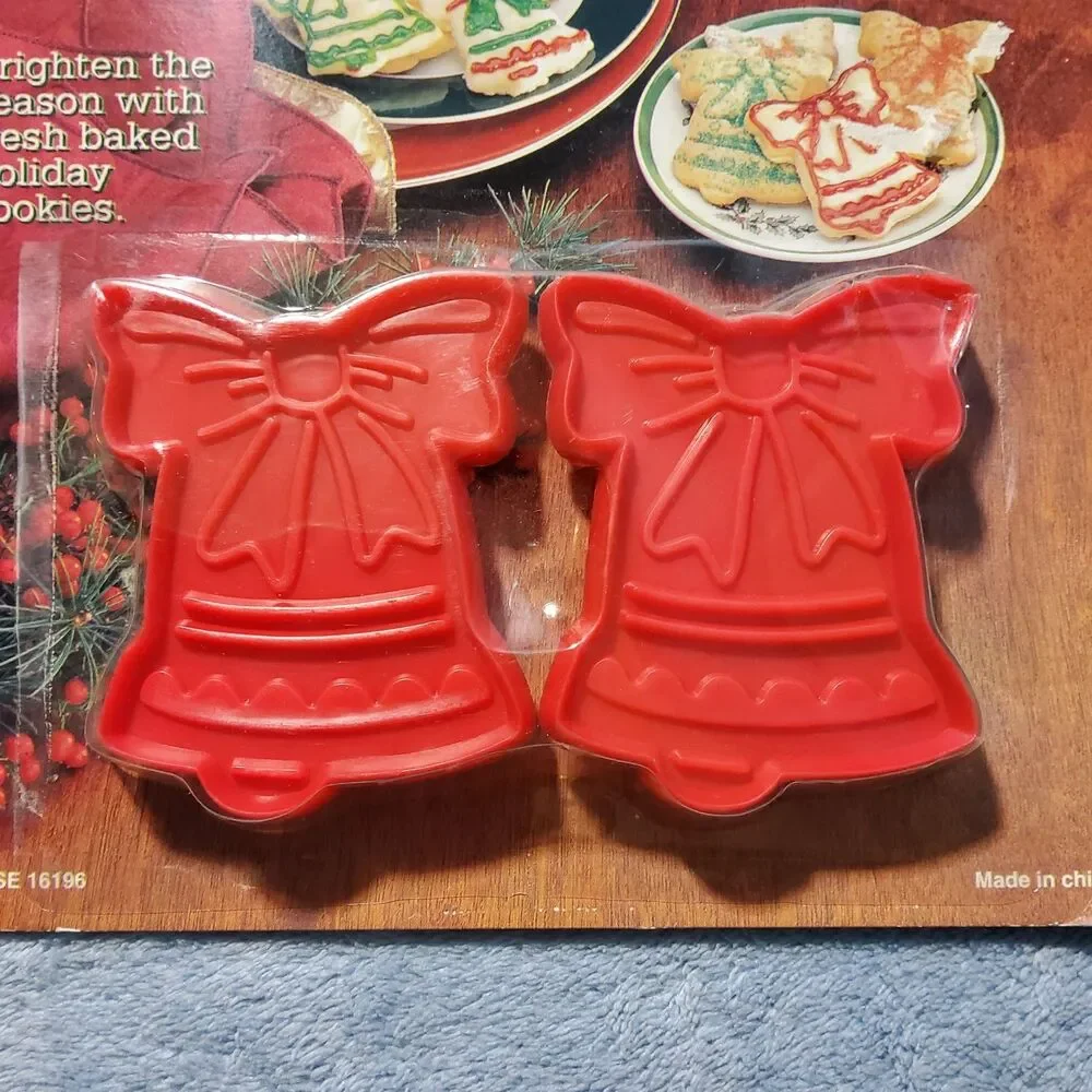 Vintage Christmas Cookie Cutters Set of 2 Red Plastic Bells with Bows Sealed